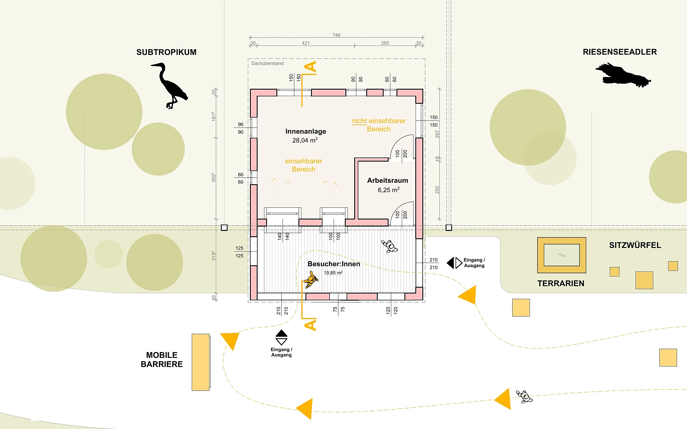 Grundriss Winterquartier – Innenanlage, Arbeitsraum und Besucherbereich zwischen Subtropikum und Riesenseeadler-Anlage