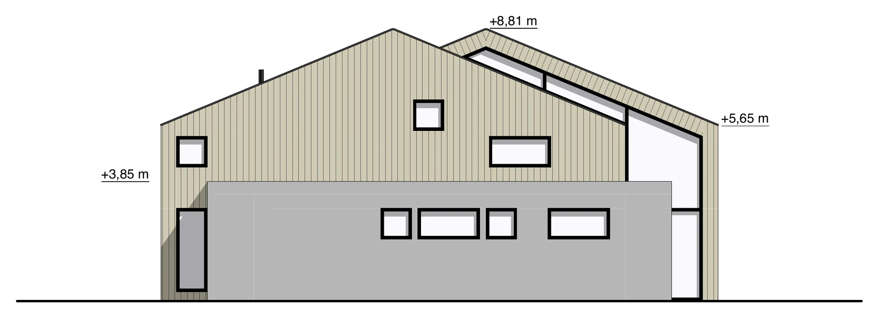 Nordwestansicht – geschlossene Holzfassade über dem Flachdach-Anbau