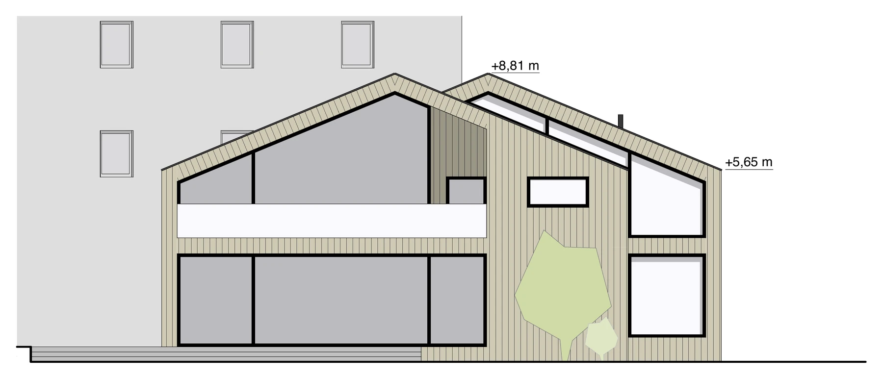 Südostansicht – Giebel mit großer Verglasung, Holzschalung und Nachbargebäude