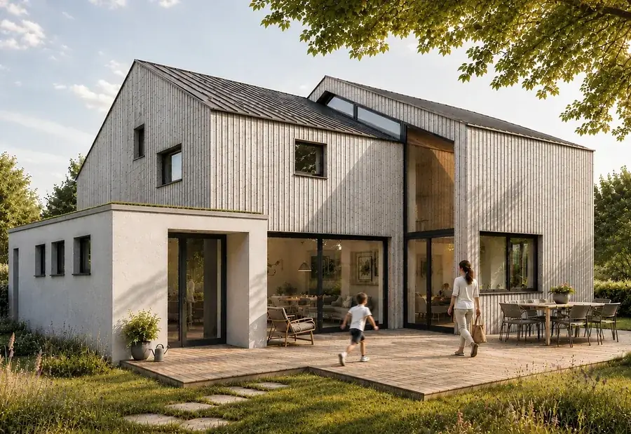 Haus ART – Wohnhaus am Teich mit zwei versetzten Satteldächern