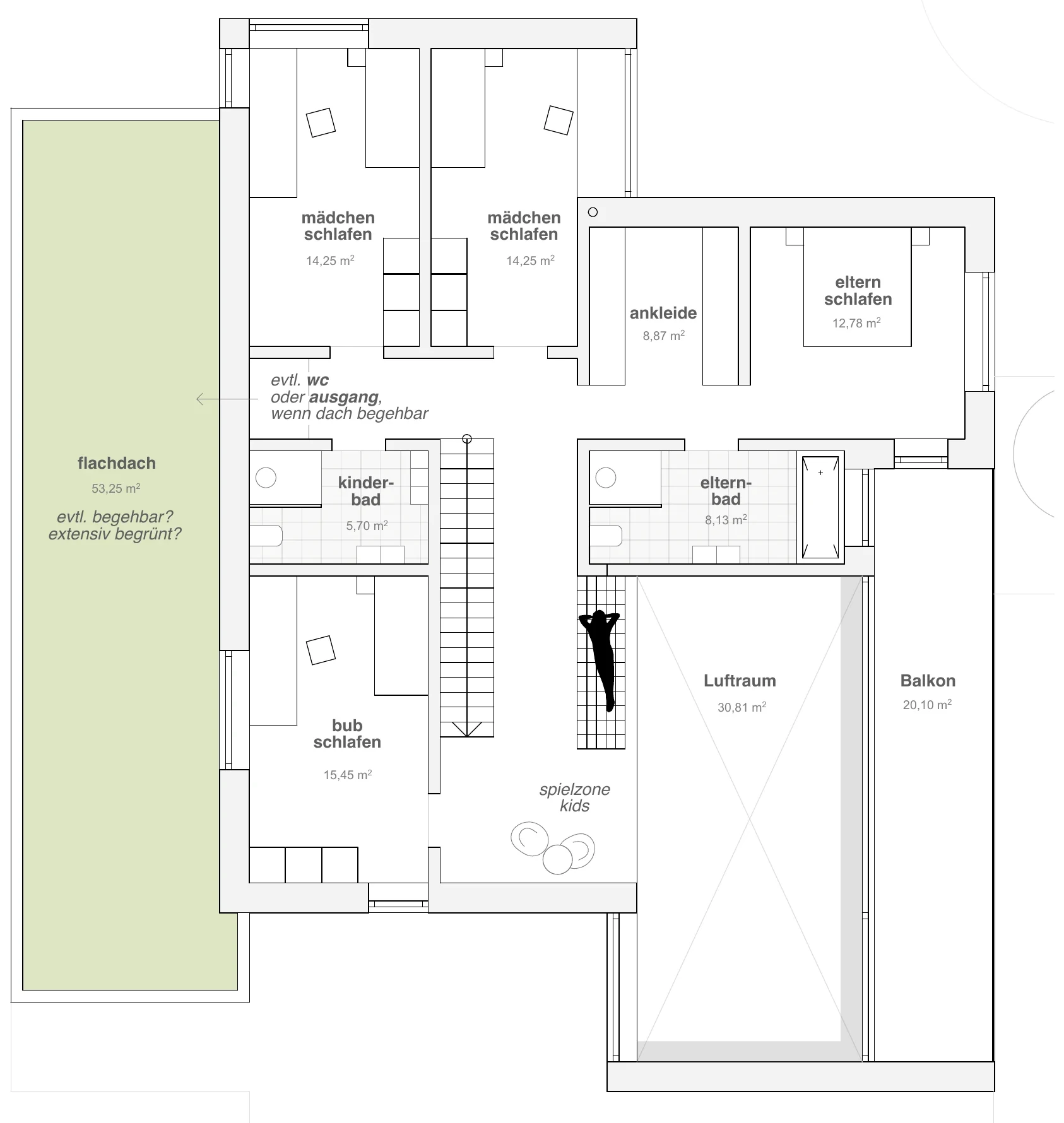 Grundriss Obergeschoss – Schlafräume, Bäder, Luftraum und Balkon