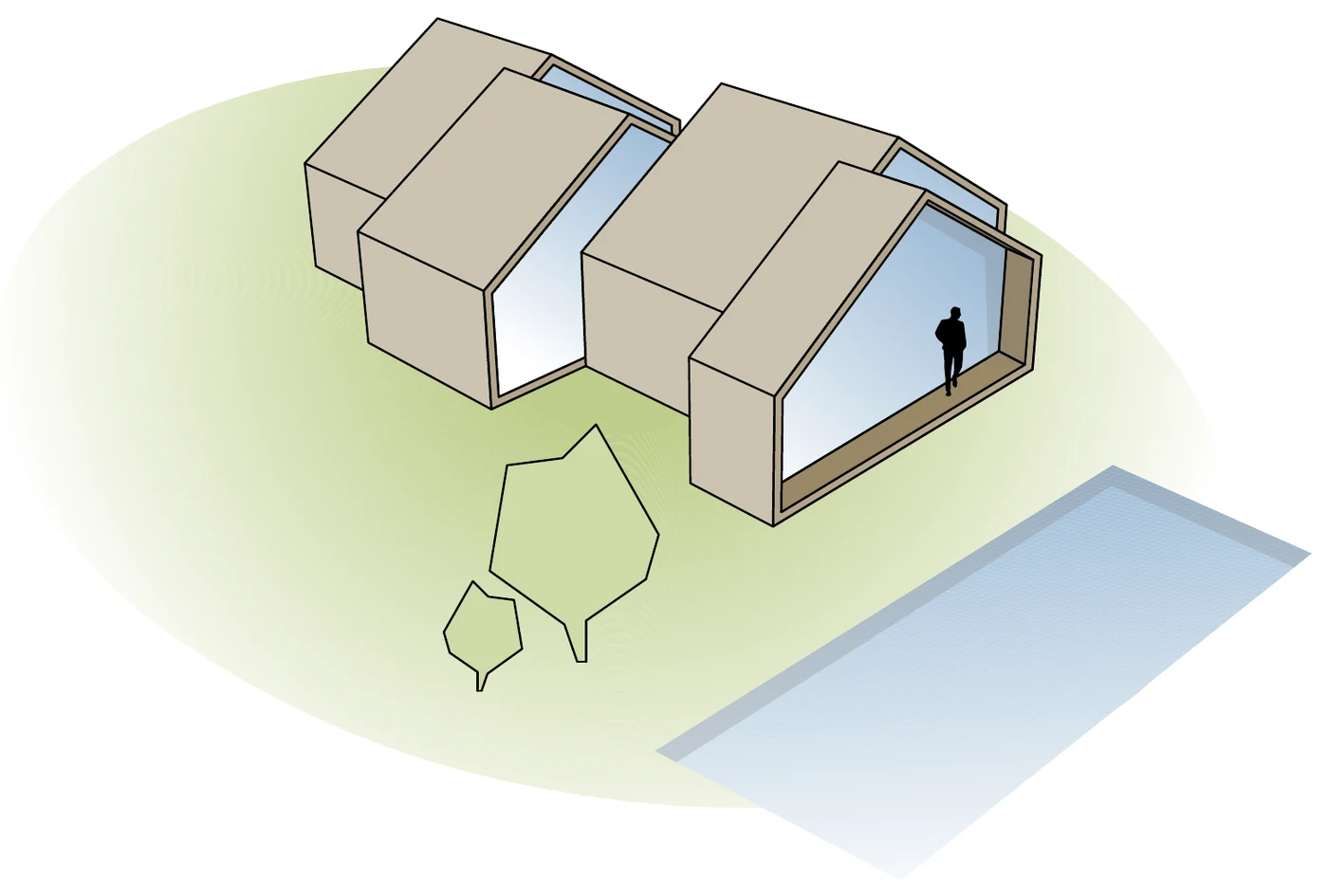 Schematisches Schaubild – zwei versetzte Satteldachkörper am Teich, Isometrie