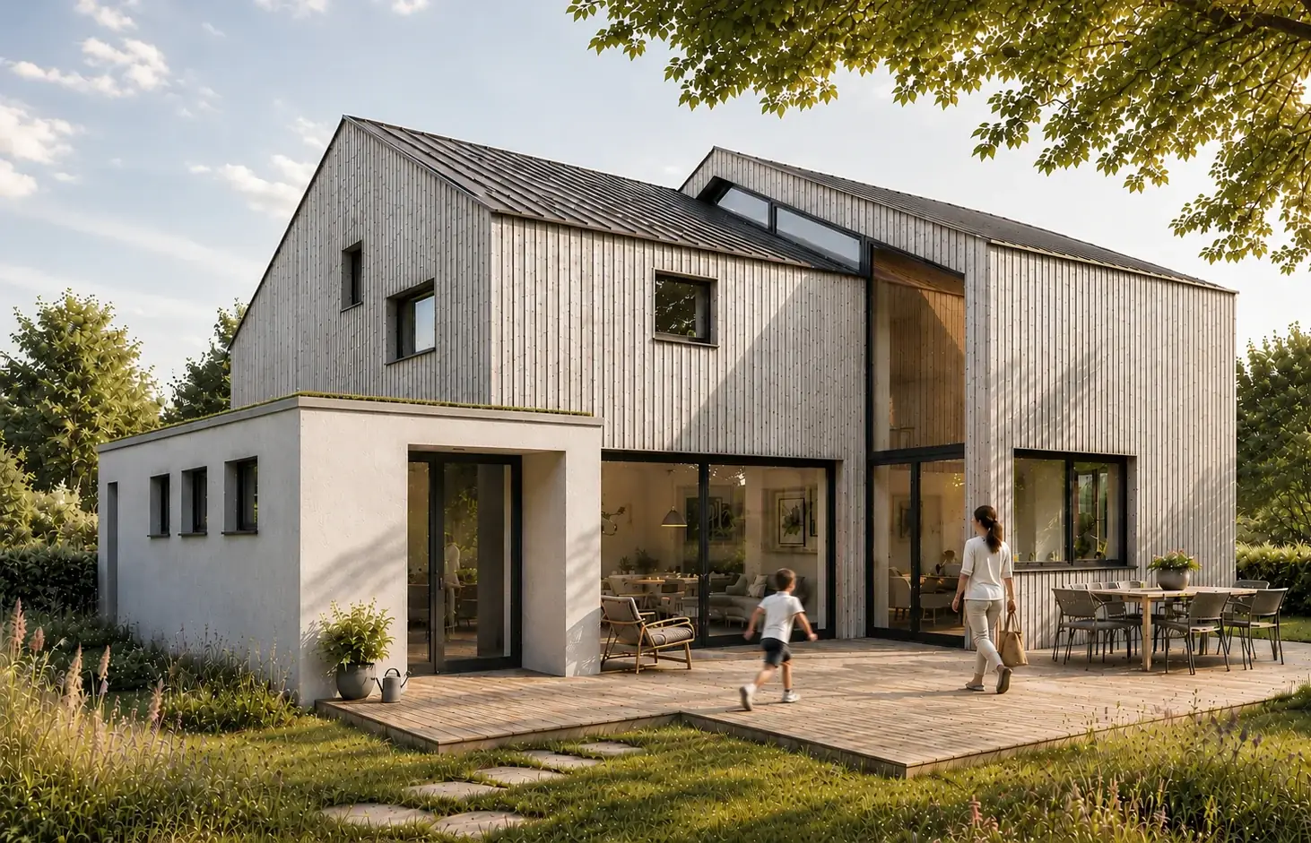 Haus ART – Wohnhaus mit zwei versetzten Satteldächern, Holzfassade und vorgelagertem Flachdach-Anbau