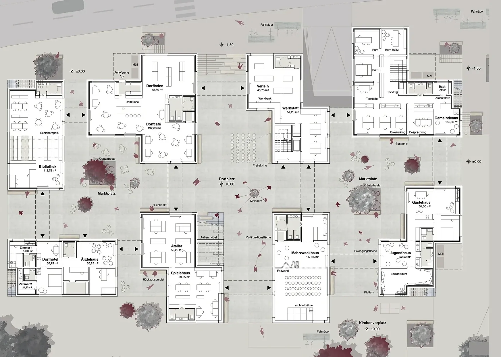 Grundriss Erdgeschoss – Dorfcafé, Dorfladen, Bibliothek, Werkstatt, Atelier und Mehrzweckhaus um den Dorfplatz