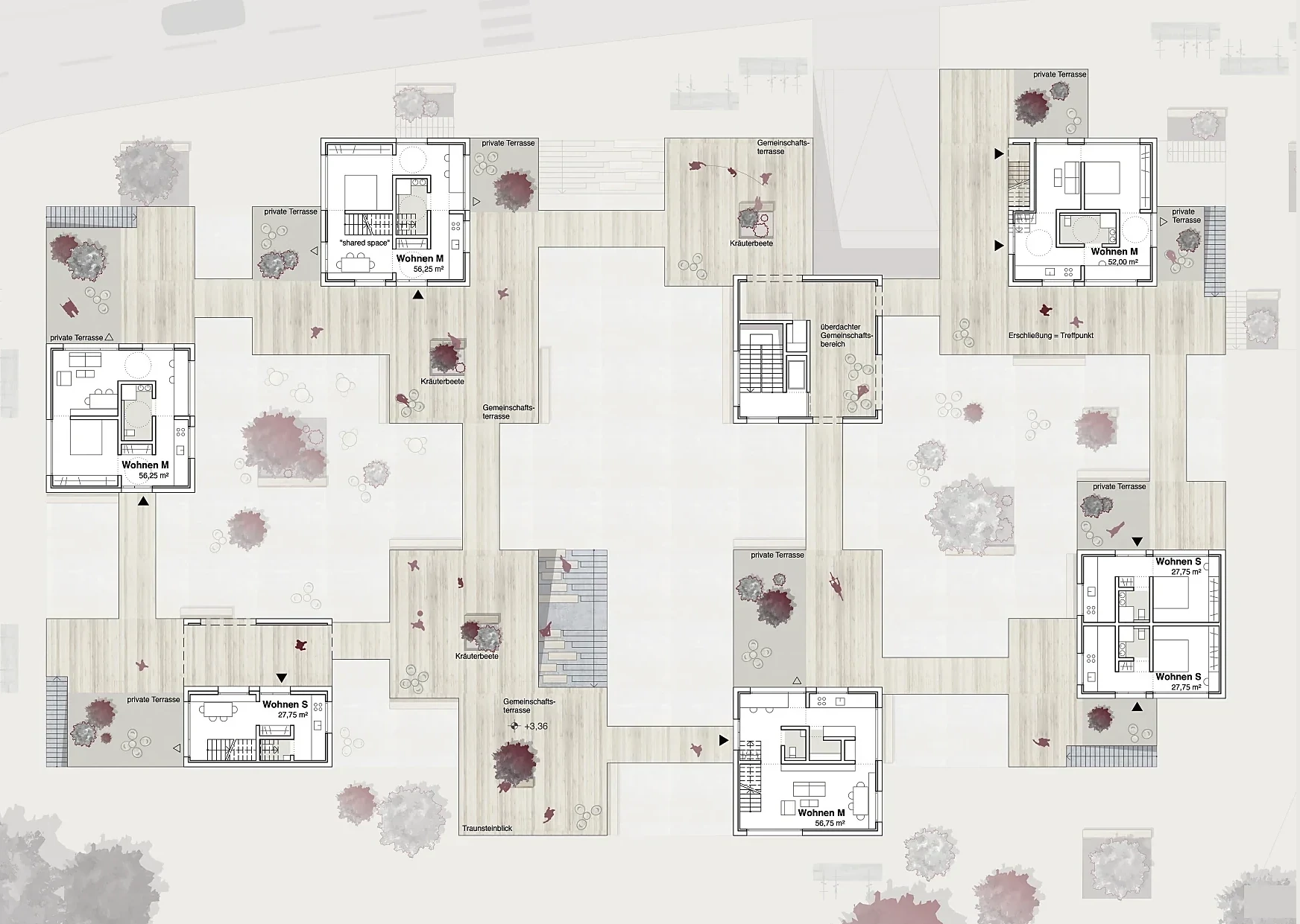 Grundriss Obergeschoss – Wohnmodule mit privaten und gemeinschaftlichen Dachterrassen