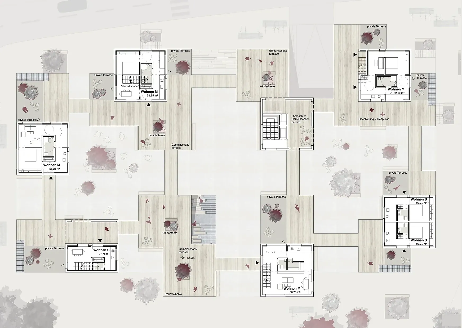 Grundriss Obergeschoss – Wohnmodule mit privaten und gemeinschaftlichen Dachterrassen