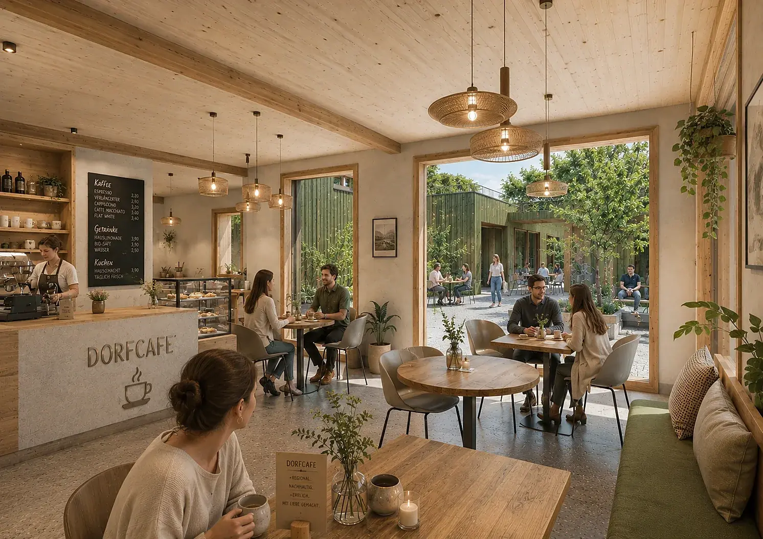 Dorfcafé in DOHA – Holzinnenraum mit Theke, Gästen und Blick auf die begrünte Fassade