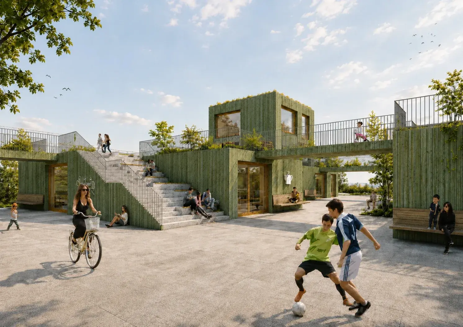 Schaubild von DOHA – gestapelte Holzhäuser mit begrünten Dachterrassen, Treppen und spielenden Kindern