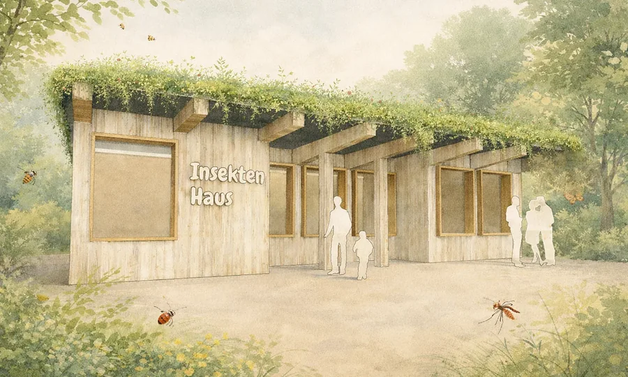 Insektenhaus, Zoo Schmiding – Holzpavillon mit begrüntem Dach