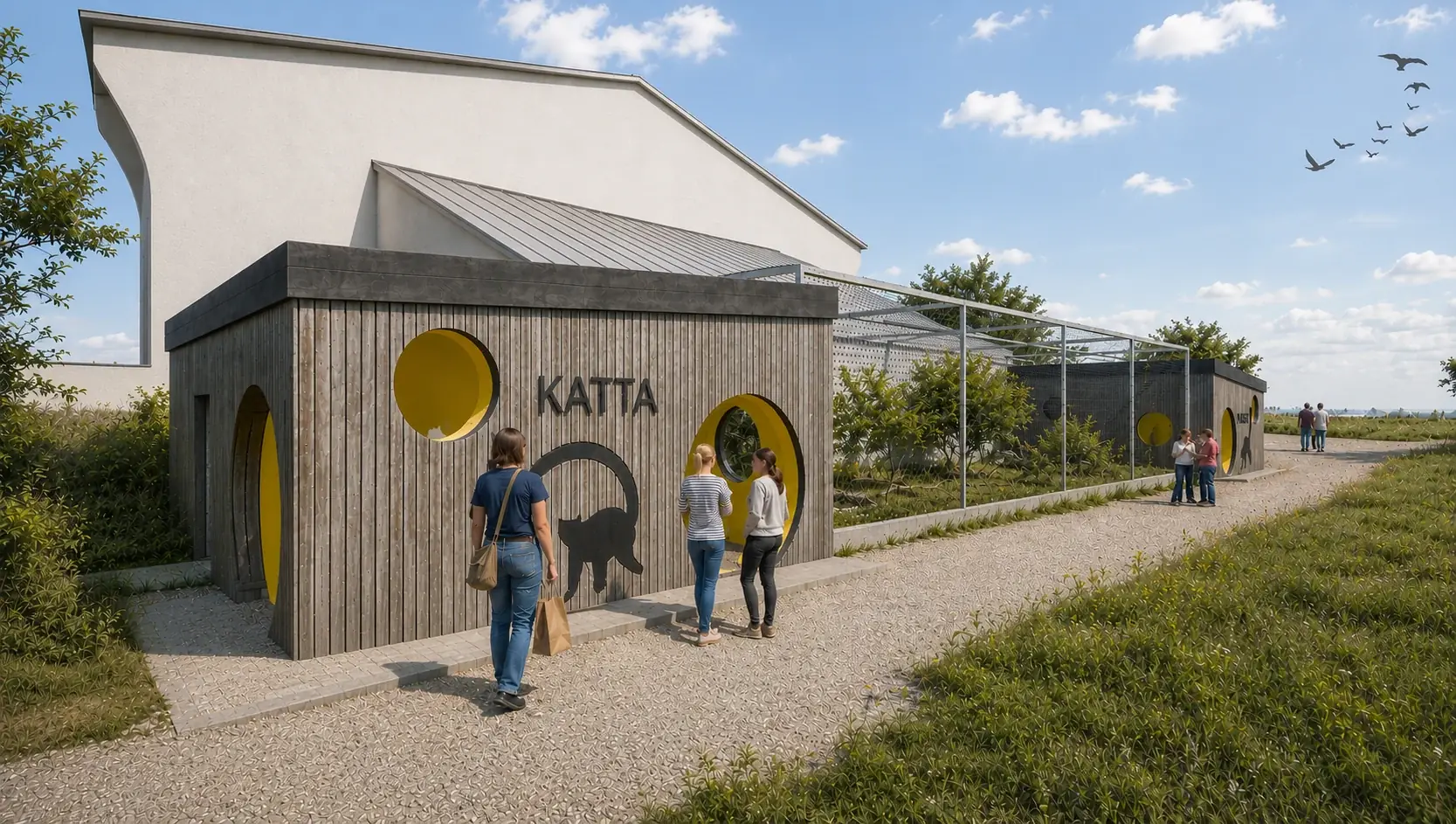 Rendering der Katta-Anlage – Holzfassade mit runden gelben Öffnungen und Lemuren-Grafik, Besucher:innen am Weg