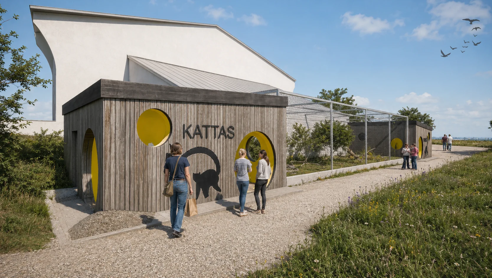 Rendering der Katta-Anlage – Holzfassade mit runden gelben Öffnungen und Lemuren-Grafik, Besucher:innen am Weg