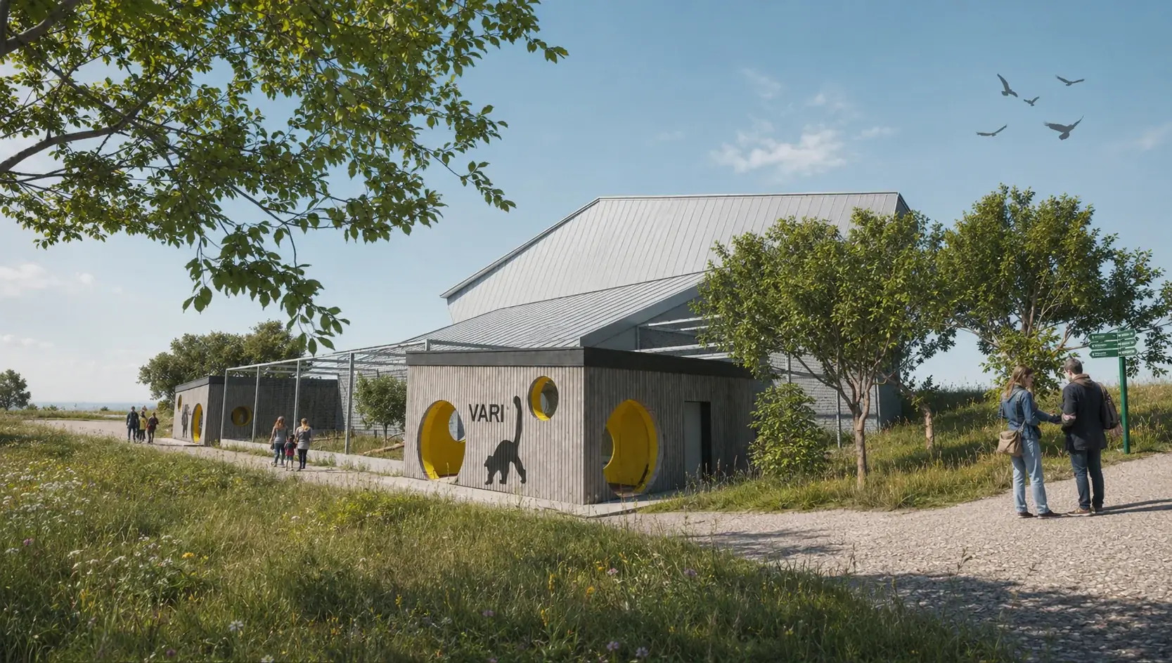 Rendering der Vari-Anlage aus ähnlichem Blickwinkel wie das reale Foto – Holzfassade mit gelben Bullaugen im Grünen