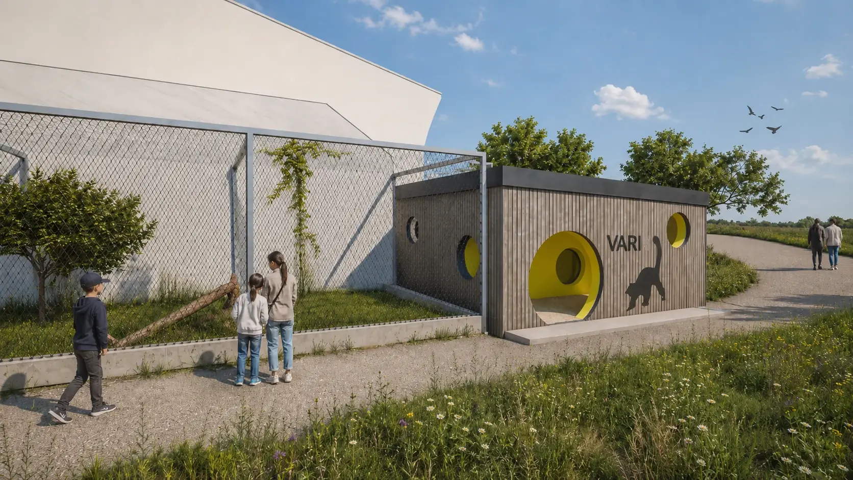 Rendering der Vari-Anlage – Holzfassade mit gelben Bullaugen und Vari-Grafik, Familie am Zugang