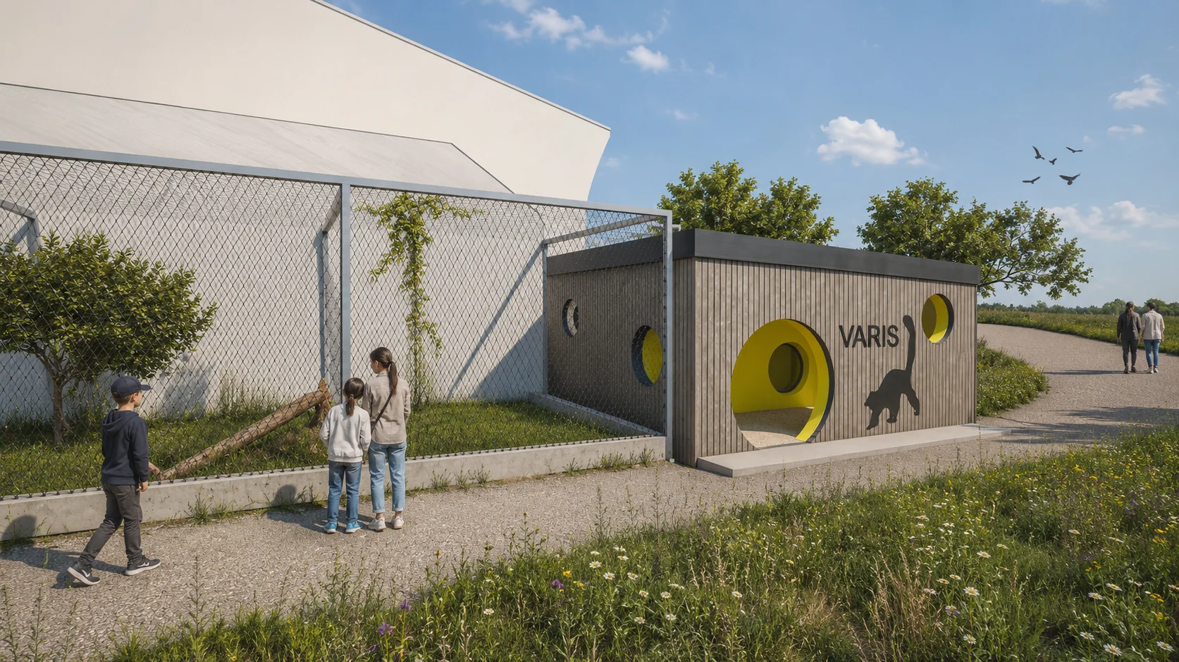 Rendering der Vari-Anlage – Holzfassade mit gelben Bullaugen und Vari-Grafik, Familie am Zugang