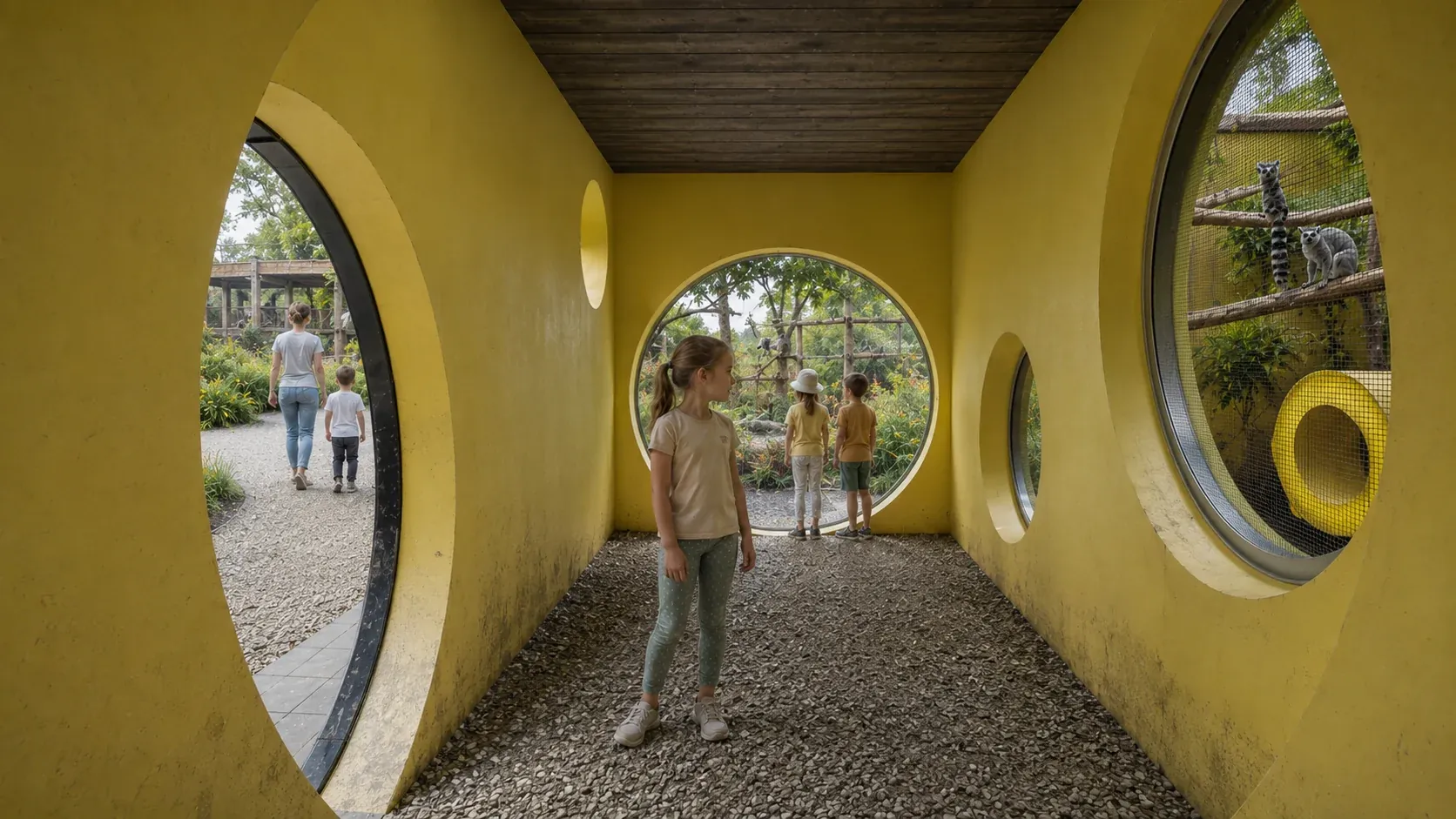 Innenraum mit leuchtend gelben runden Fenstern in Kinderhöhe – Blick in die Anlage