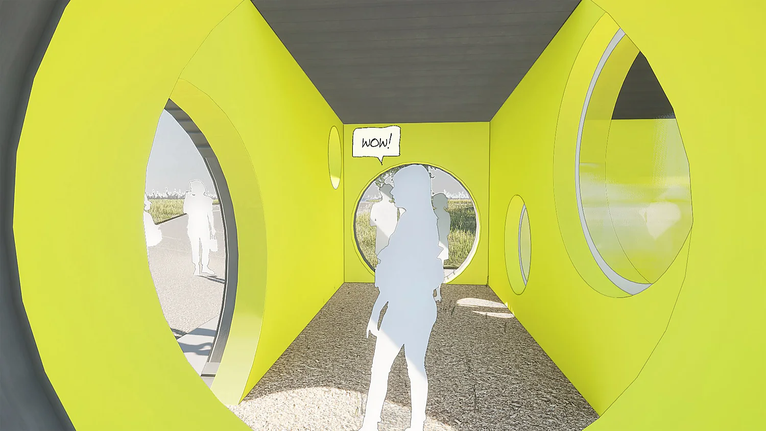 Innenraum mit leuchtend grünen runden Fenstern in Kinderhöhe – Blick in die Anlage