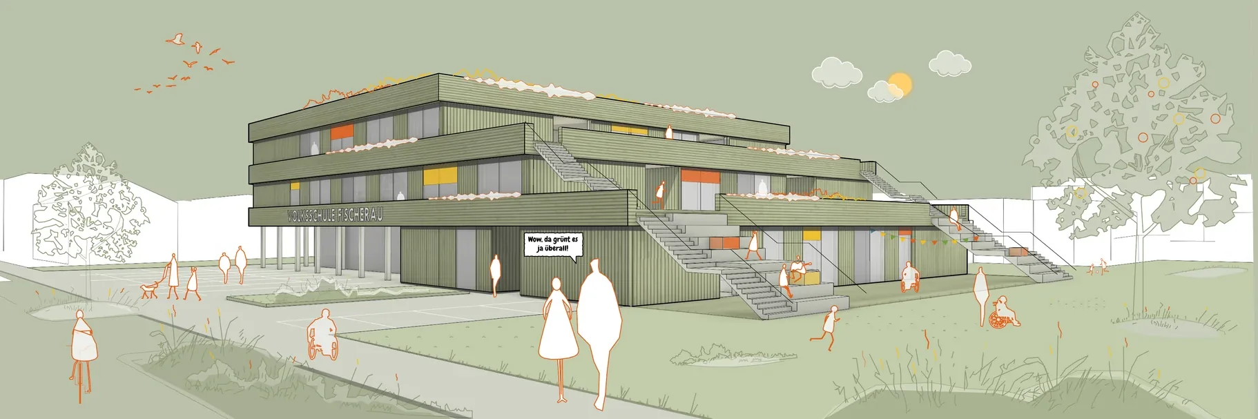 Außenperspektive der Terrassenschule mit begrünten Terrassen und außenliegenden Treppen
