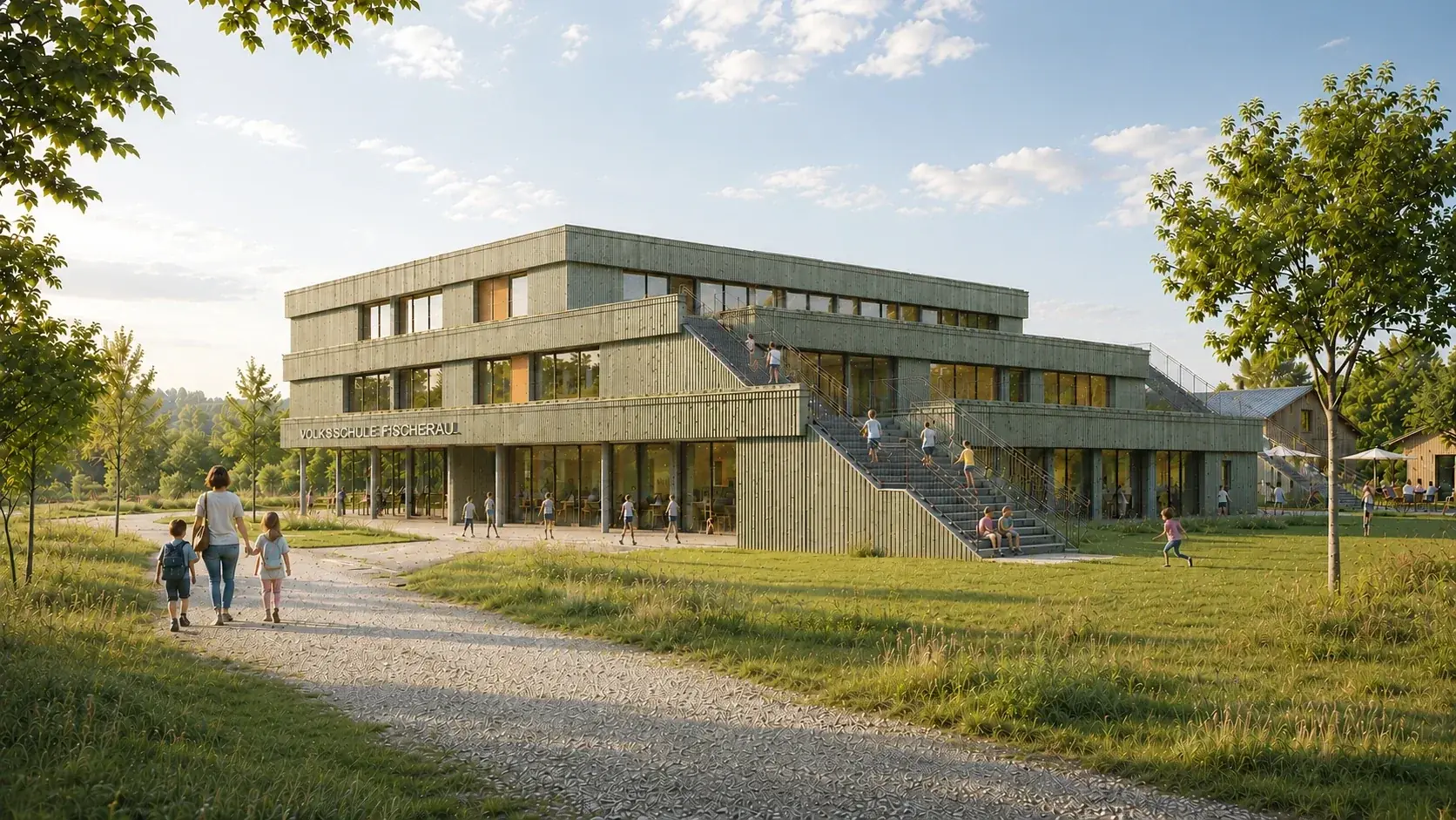 Das kleine Krokodil – Rendering der Volksschule Fischerau mit begrünten Terrassen und Holzfassade