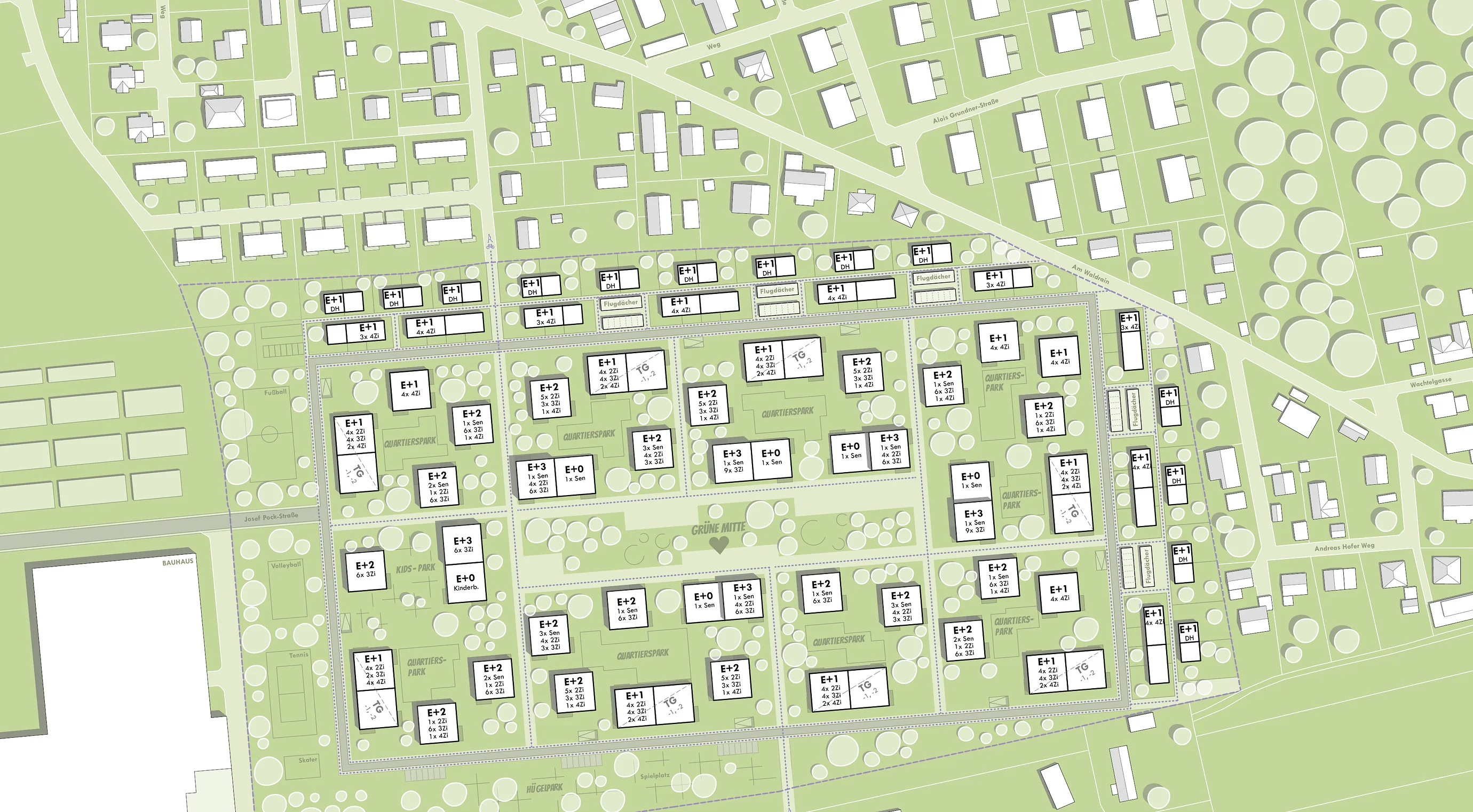 Bebauungsplan: Ringstraße um das Quartier, autofreie grüne Mitte, Reihenhäuser als Übergang zum Bestand