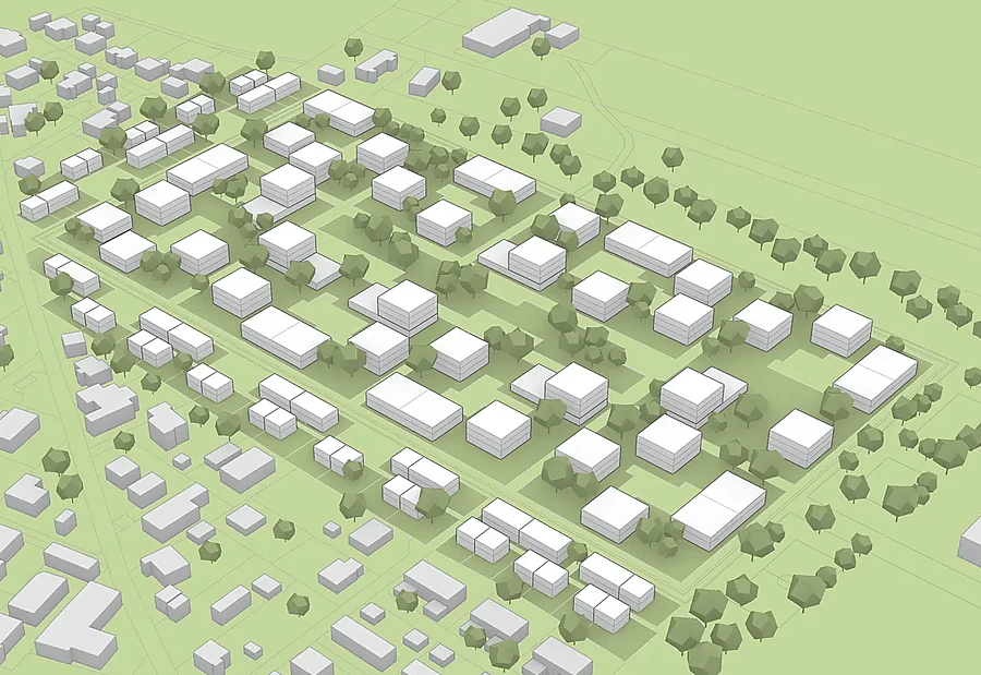 Pixel im Park – Wohnquartier aus modularen Punkthäusern um einen zentralen Park