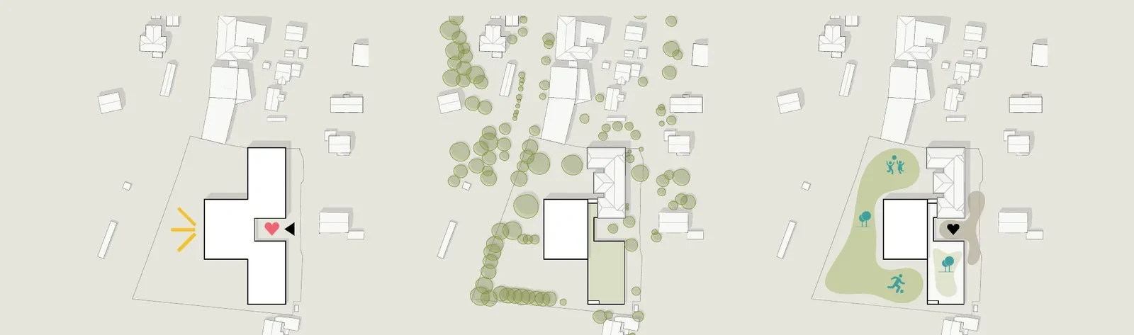 Konzeptdiagramme: Stadtraum als neue Mitte, Grünraum mit über 85% Baumerhalt, Freiraum verbunden und zoniert
