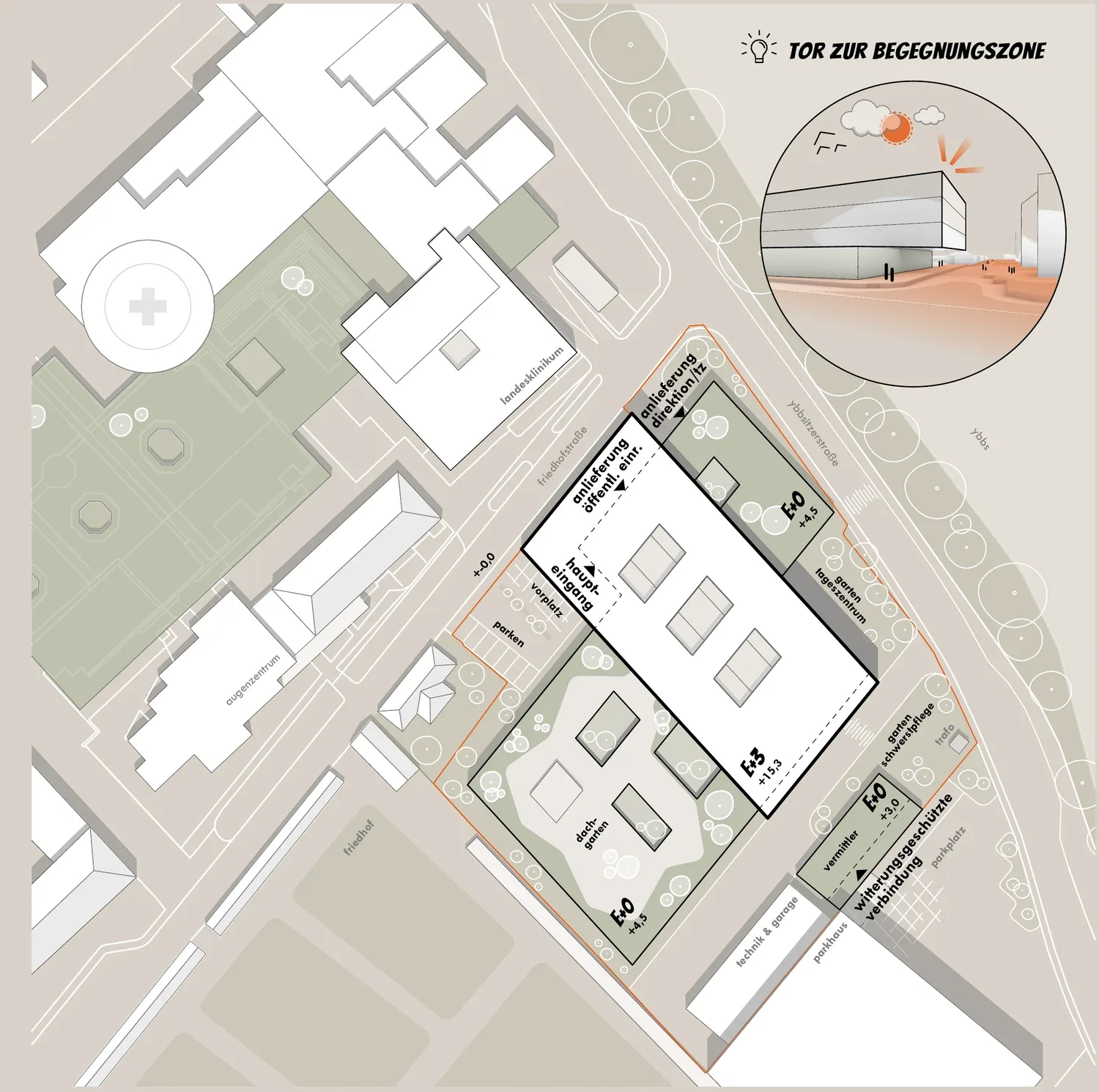 Lageplan 1:1000 – das Pflegezentrum am Landesklinikum, mit Vorplatz und Dachgarten