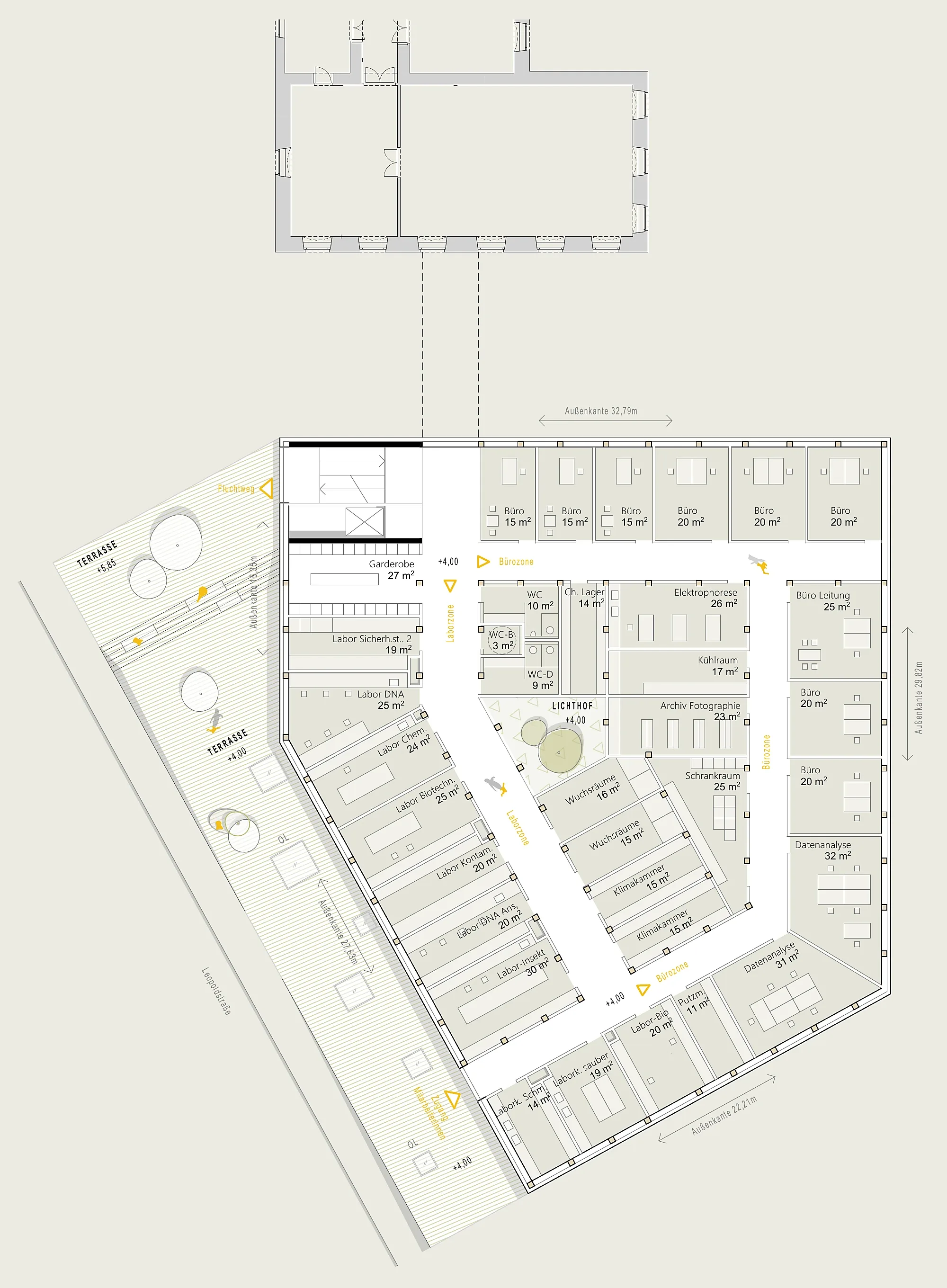 Grundriss Obergeschoß 1 – Labore entlang der Lichthöfe, Büros zur Wiener Straße, Terrassen nach Westen