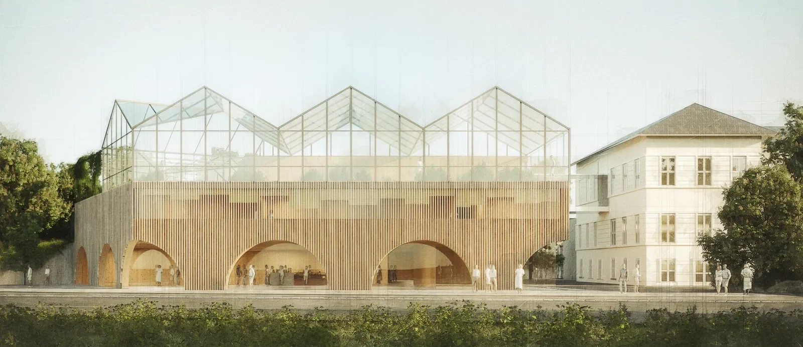 Weinbauschule Klosterneuburg – Wettbewerbsrender der Erweiterung mit Glashaus-Krone