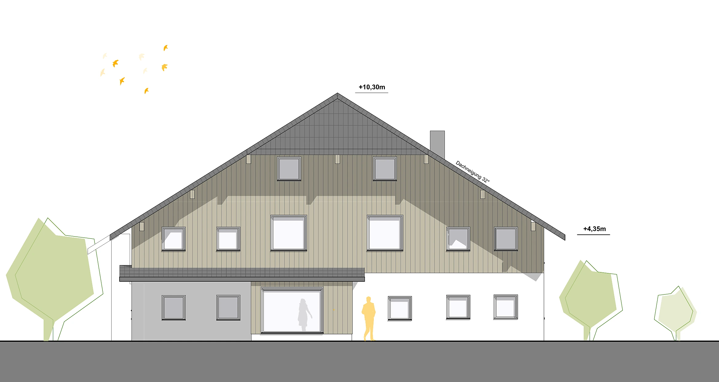 Südansicht – Giebel mit Holzschalung, großem Wohnzimmerfenster und überdachtem Eingang