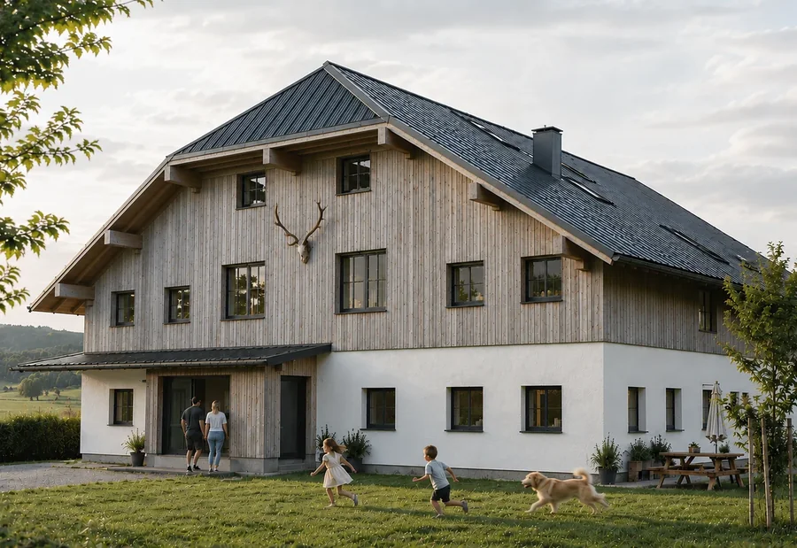 Haus WODO – Umbau eines Bauernhauses mit Holzschalung und dunklem Satteldach