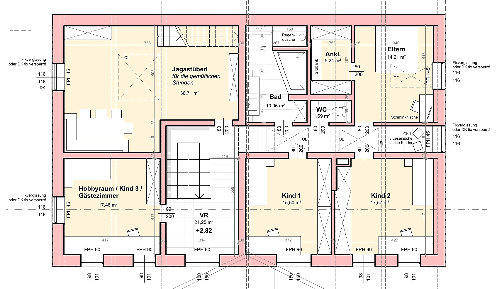 Grundriss Obergeschoss 1 – Jagastüberl, Kinderzimmer, Elternbereich mit Ankleide und Bad