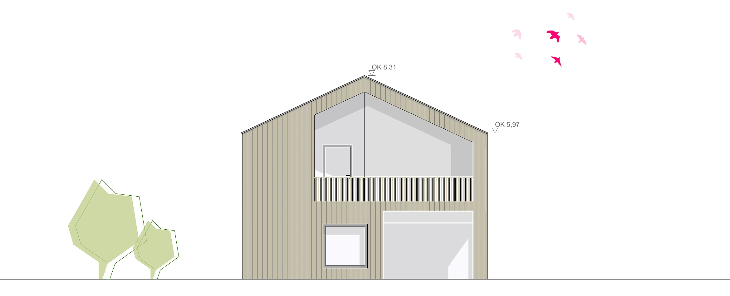 Westansicht – Giebel mit Holzschalung, Balkon und großer Verglasung zum Garten