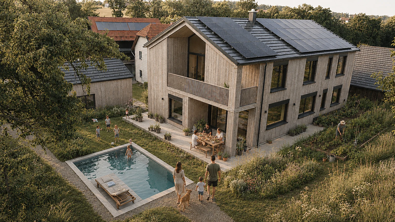 Haus ZEWI – Einfamilienhaus in Holzbauweise mit Satteldach, Garten und Pool in der Abenddämmerung